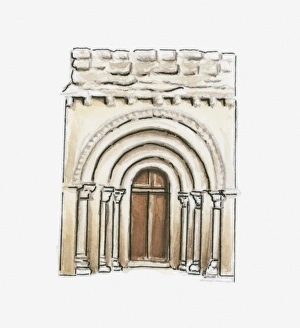 Illustration of Romanesque chapel entrance at Esclottes, Pays du Dropt, Lot-et-Garonne Illustration of Romanesque chapel entrance at Esclottes, Pays du Dropt, Lot-et-Garonne