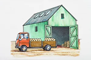Illustration of sacks in back of stationary pick-up truck near barn with open doors Illustration of sacks in back of stationary pick-up truck near barn with open doors