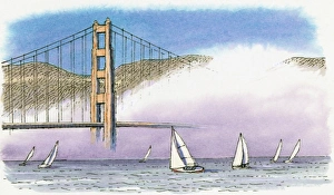 Illustration of sailing boats and Golden Mist on San Franciscos Golden Gate Bridge often Illustration of sailing boats and Golden Mist on San Franciscos Golden Gate Bridge often
