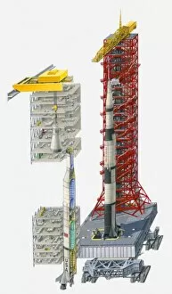 Saturn V Gallery: Illustration of Saturn V rocket on launcher platform, vehicle assembly building