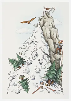 Illustration of a scene on a snow-covered mountain, with a goat perching on the peak Illustration of a scene on a snow-covered mountain, with a goat perching on the peak