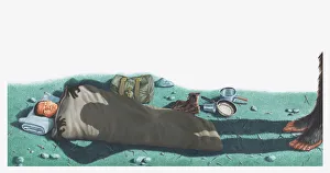 Ominous Gallery: Illustration of shadow of Bigfoot (Sasquatch)looming over a sleeping Albert Ostman