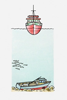 Illustration of ship travelling the ocean and a sunken ship on the ocean floor Illustration of ship travelling the ocean and a sunken ship on the ocean floor