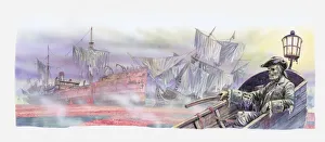 Illustration of ships' graveyard in the Sargasso sea, wrecked ships and boat with skeleton sailor in the foreground Illustration of ships' graveyard in the Sargasso sea, wrecked ships and boat with skeleton sailor in the foreground