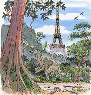 Illustration showing dinosaur in humid climate with Eiffel Tower in background Illustration showing dinosaur in humid climate with Eiffel Tower in background