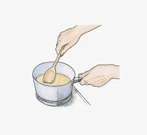 Illustration showing melted wax being stirred in pan using wooden spoon to create a DIY tile sealant Illustration showing melted wax being stirred in pan using wooden spoon to create a DIY tile sealant