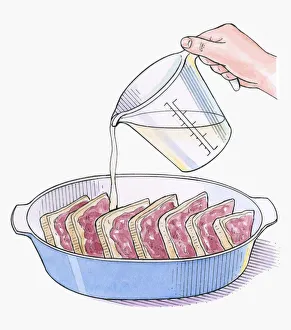 Illustration showing pouring egg and milk on stale bread spread with butter and raspberry jam Illustration showing pouring egg and milk on stale bread spread with butter and raspberry jam