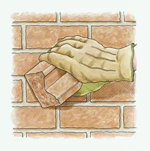 Illustration showing how to renovate discoloured wall by rubbing it with wet brick Illustration showing how to renovate discoloured wall by rubbing it with wet brick