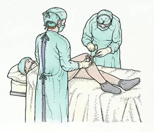 Images Dated 9th December 2008: Illustration showing surgeon swabbing and removing object from knee of patient lying on operating