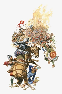 Illustration of siege of Tenochtitlan by Cortes and his soldiers on horseback Illustration of siege of Tenochtitlan by Cortes and his soldiers on horseback