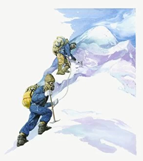 Assistance Collection: Illustration of Sir Edmund Hillary and Tenzig climbing Mt. Everest wearing oxygen masks