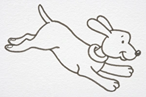 Illustration, smiling Dog leaping forward with outstretched legs, side view Illustration, smiling Dog leaping forward with outstretched legs, side view