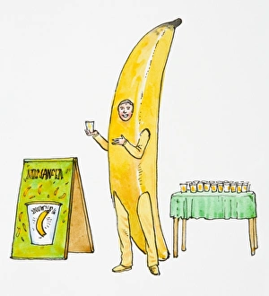 Illustration of smiling man wearing banana costume pointing at glass of juice held in hand Illustration of smiling man wearing banana costume pointing at glass of juice held in hand