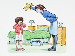 Illustration of sneering teenage girl teasing crying sister by holding teddy bear above Illustration of sneering teenage girl teasing crying sister by holding teddy bear above