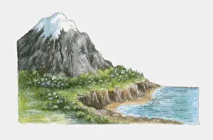 Illustration of snowcapped mountain, lush cliffs and coastline Illustration of snowcapped mountain, lush cliffs and coastline