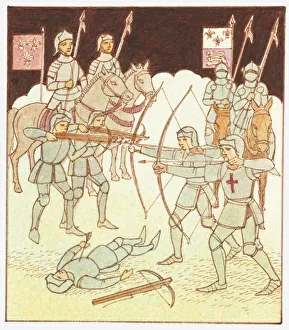 Illustration of soldiers on horseback with pollaxes, archers with longbows Illustration of soldiers on horseback with pollaxes, archers with longbows