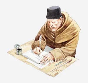 Illustration of Spanish monk sat at desk writing with quill on paper Illustration of Spanish monk sat at desk writing with quill on paper