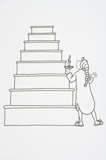 Illustration, standing at bottom of stairs in sleeping gown, nightcap and slippers, holding candle Illustration, standing at bottom of stairs in sleeping gown, nightcap and slippers, holding candle