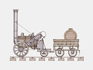 Illustration of Stephensons Rocket on railway track Illustration of Stephensons Rocket on railway track
