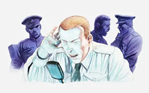 Illustration of stressed air traffic control operator using transceiver after losing Illustration of stressed air traffic control operator using transceiver after losing