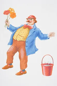 Illustration, stumbling clown holding bunch of flowers standing next to red bucket with Illustration, stumbling clown holding bunch of flowers standing next to red bucket with