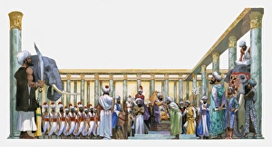 Illustration of Sultan in Hall of One Thousand Pillars with elephants, soldiers and guards Illustration of Sultan in Hall of One Thousand Pillars with elephants, soldiers and guards