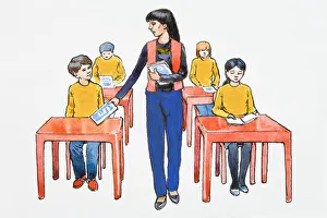 Illustration of teacher giving books to elementary students sitting at desks in classroom Illustration of teacher giving books to elementary students sitting at desks in classroom