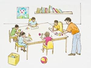 Illustration of teacher standing next to elementary students sitting at table in classroom Illustration of teacher standing next to elementary students sitting at table in classroom
