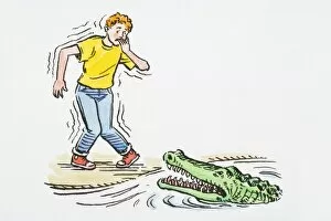 Crocodile Gallery: Illustration of teenager shaking with fear, knees knocking and fingers in mouth standing at edge
