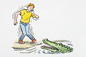 Illustration of teenager shaking with fear, knees knocking and fingers in mouth standing at edge of water looking at Illustration of teenager shaking with fear, knees knocking and fingers in mouth standing at edge of water looking at