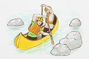 Illustration of teenagers wearing hardhats paddling yellow canoe between rocks on river Illustration of teenagers wearing hardhats paddling yellow canoe between rocks on river