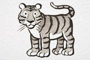 Illustration, Tiger cub standing with its tail curled up, side view Illustration, Tiger cub standing with its tail curled up, side view