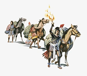 Illustration of Tlaxcaltec leaving city with horses and flaming torch Illustration of Tlaxcaltec leaving city with horses and flaming torch
