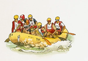 Life Jacket Gallery: Illustration of tourists whitewater Rafting rafting
