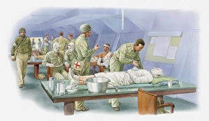 Illustration of treament of burns patients wrapped in bandages during World War Two Illustration of treament of burns patients wrapped in bandages during World War Two