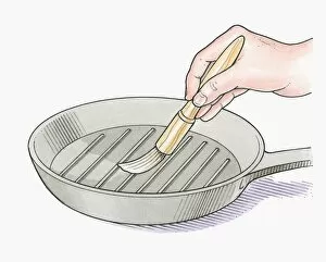 Basting Brush Gallery: Illustration of using basting brush to oil frying pan