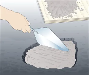 Illustration of using masonry trowel to repair hole in asphalt path with concrete Illustration of using masonry trowel to repair hole in asphalt path with concrete