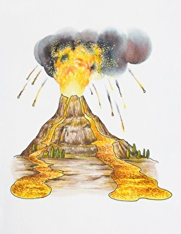 Illustration of volcano with ash cloud above erupting, molten lava, and larva flowing below Illustration of volcano with ash cloud above erupting, molten lava, and larva flowing below