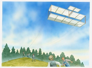 Illustration of Wilbur Wright flying a large biplane kite Illustration of Wilbur Wright flying a large biplane kite