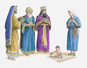 Images Dated 22nd March 2010: Illustration of the three wise men bearing gifts see Jesus in Marys house