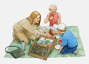 Illustration of woman and two children sitting on picnic blanket, boy taking a fruit from paper bag held by the woman Illustration of woman and two children sitting on picnic blanket, boy taking a fruit from paper bag held by the woman