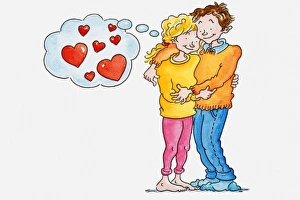 Illustration of a woman and man embracing each other, thought bubble with hearts inside Illustration of a woman and man embracing each other, thought bubble with hearts inside