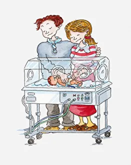 Illustration of a woman and man standing next to incubator touching baby inside Illustration of a woman and man standing next to incubator touching baby inside