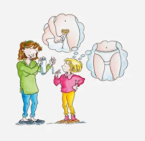 Illustration of woman showing tampon and sanitary pad to girl Illustration of woman showing tampon and sanitary pad to girl