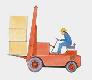 Illustration of woman using forklift transporting large boxes Illustration of woman using forklift transporting large boxes