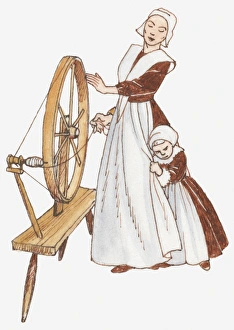 Illustration of a woman using a spinning wheel, girl clutching the womans skirt Illustration of a woman using a spinning wheel, girl clutching the womans skirt