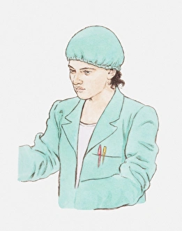 Illustration of woman wearing laboratory coat and cap Illustration of woman wearing laboratory coat and cap