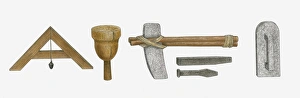 Illustration of wooden square level with a plum bob, rock hammer Illustration of wooden square level with a plum bob, rock hammer