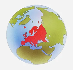 Illustration of world map with Europe highlighted in red Illustration of world map with Europe highlighted in red