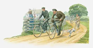 Illustration of the Wright brothers leading the way on country lane with their cycling Illustration of the Wright brothers leading the way on country lane with their cycling